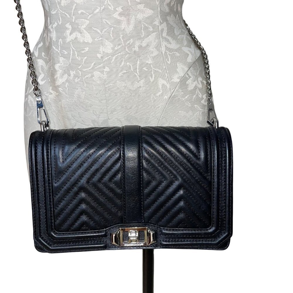 Rebecca Minkoff Love Womens Crossbody Bag Chevron Quilted Black Silver Hardware